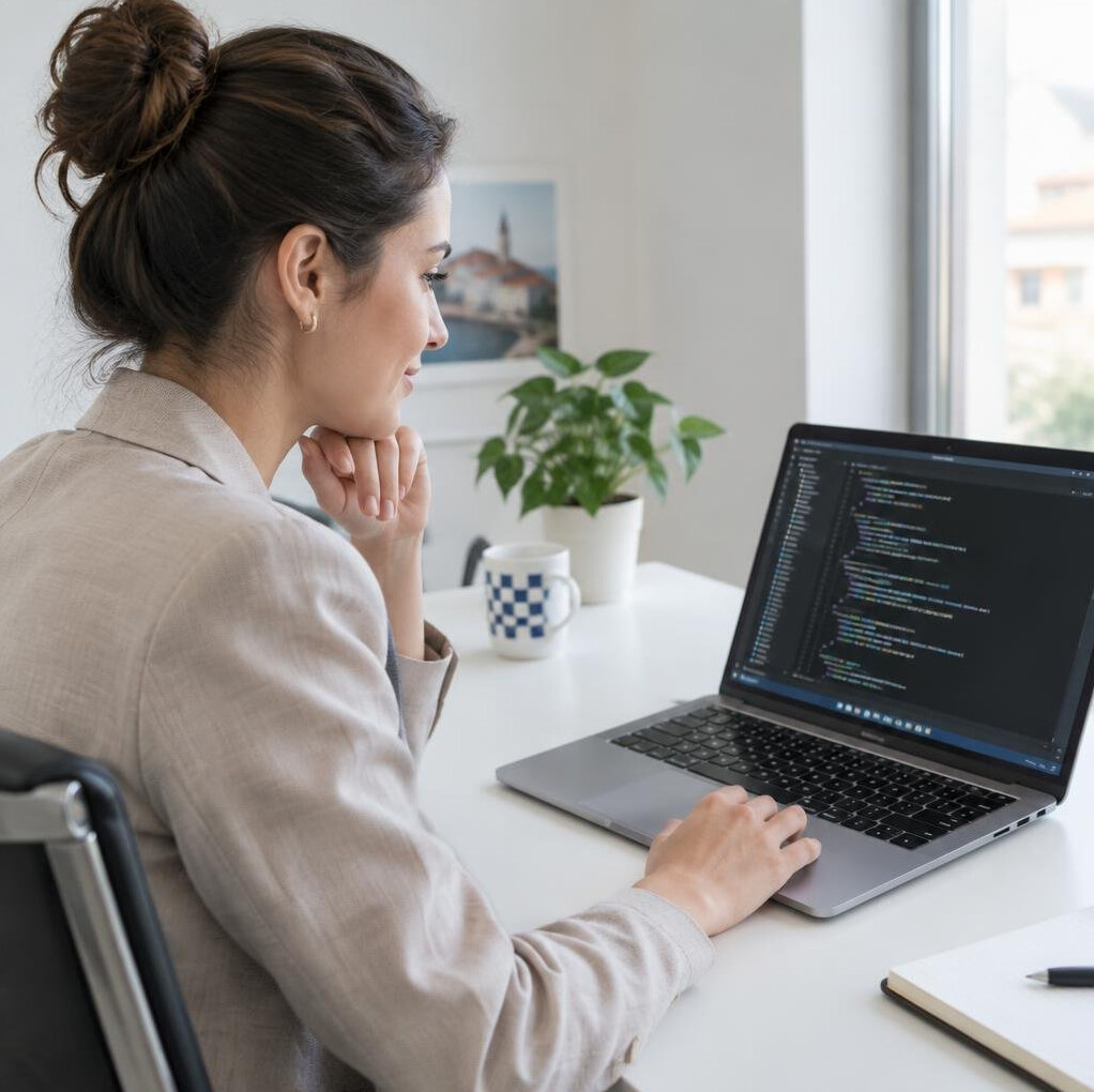 Young woman smiling while working on a laptop with code on the screen