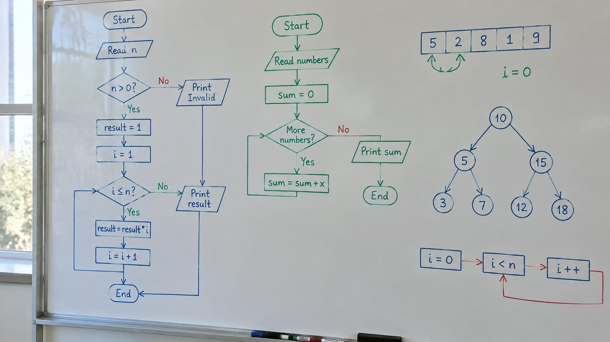 Whiteboard covered with algorithm flowcharts and diagrams
