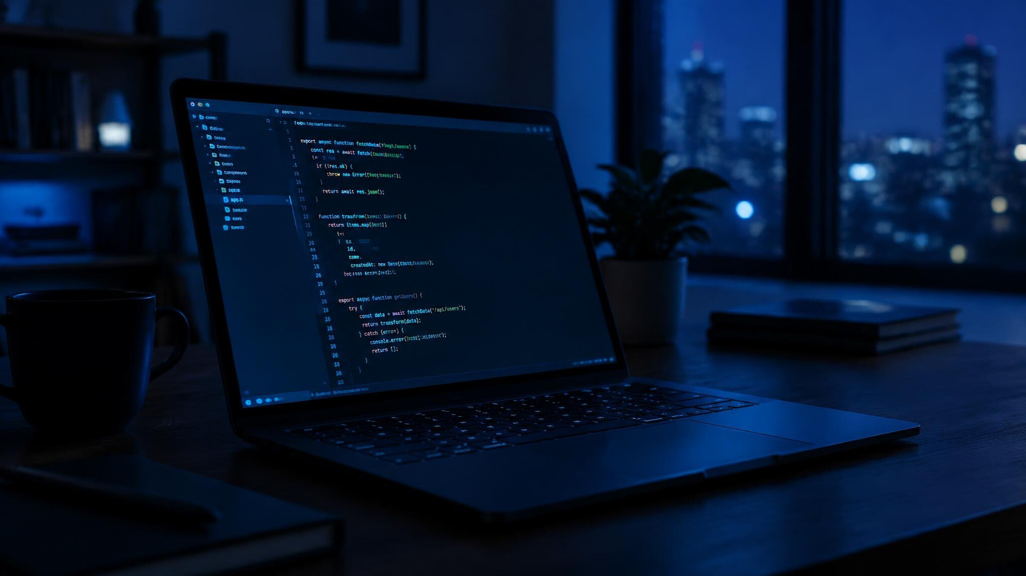 Laptop screen glowing with code in a dim room