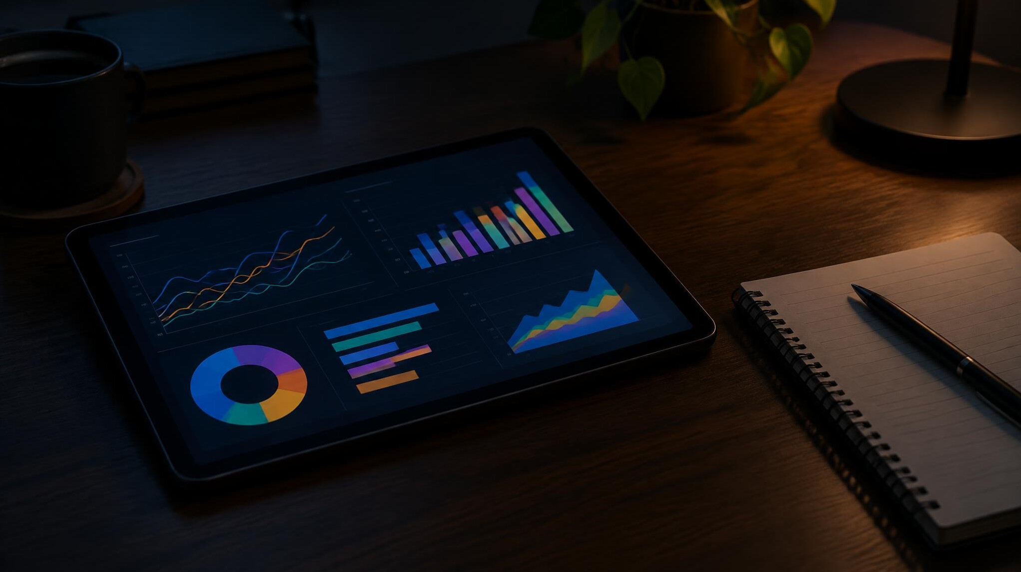 Tablet showing charts and graphs in a dim room