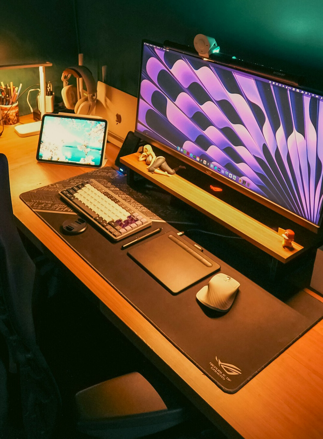 Desk setup with multiple monitors, keyboard and mouse